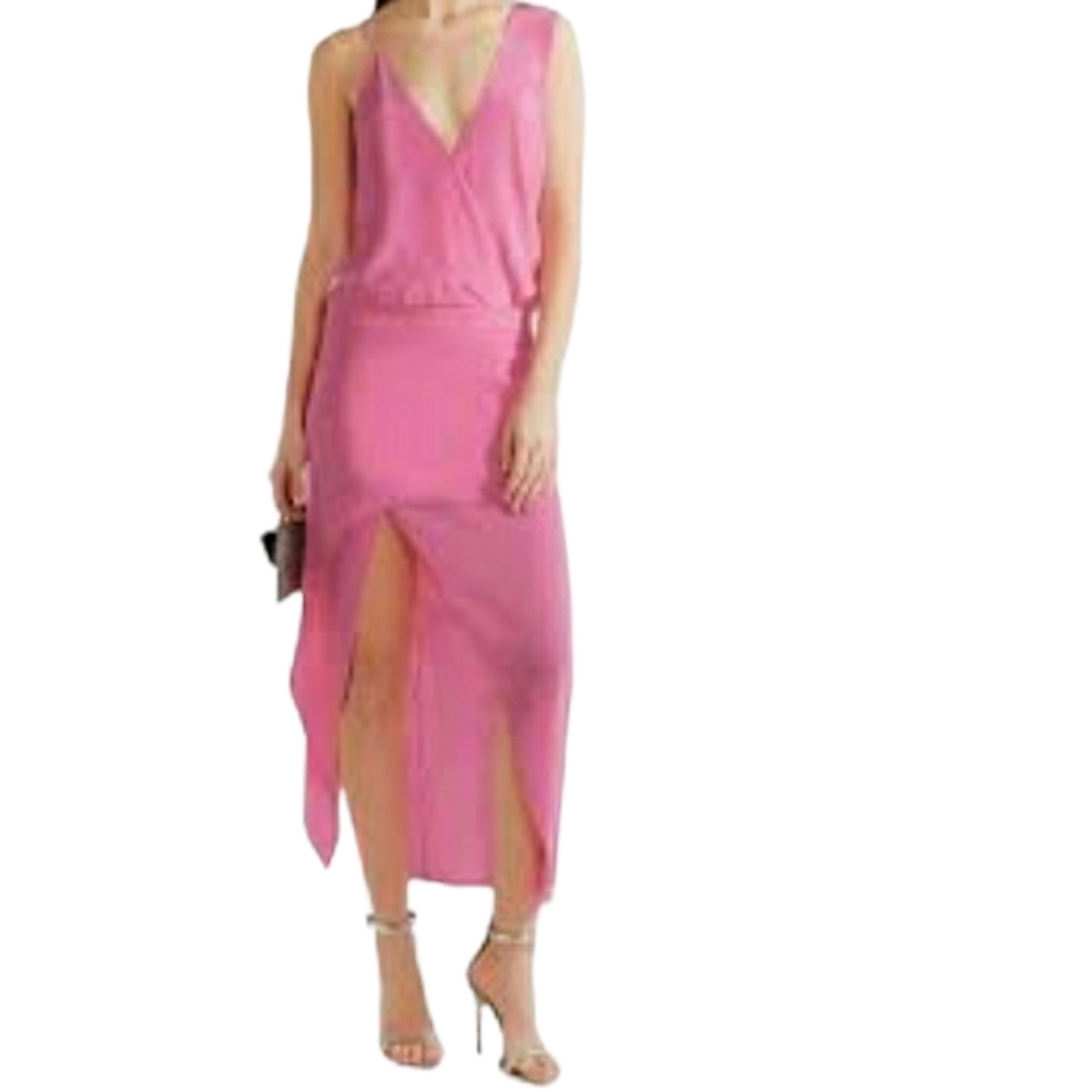 Michelle Mason Asymmetric Draped Silk-Satin Midi Dress Pink Sz 2
